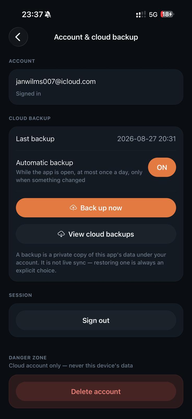 The Account & cloud backup screen of Sets & Servings showing a signed-in account, automatic backup toggle, and Back up now button